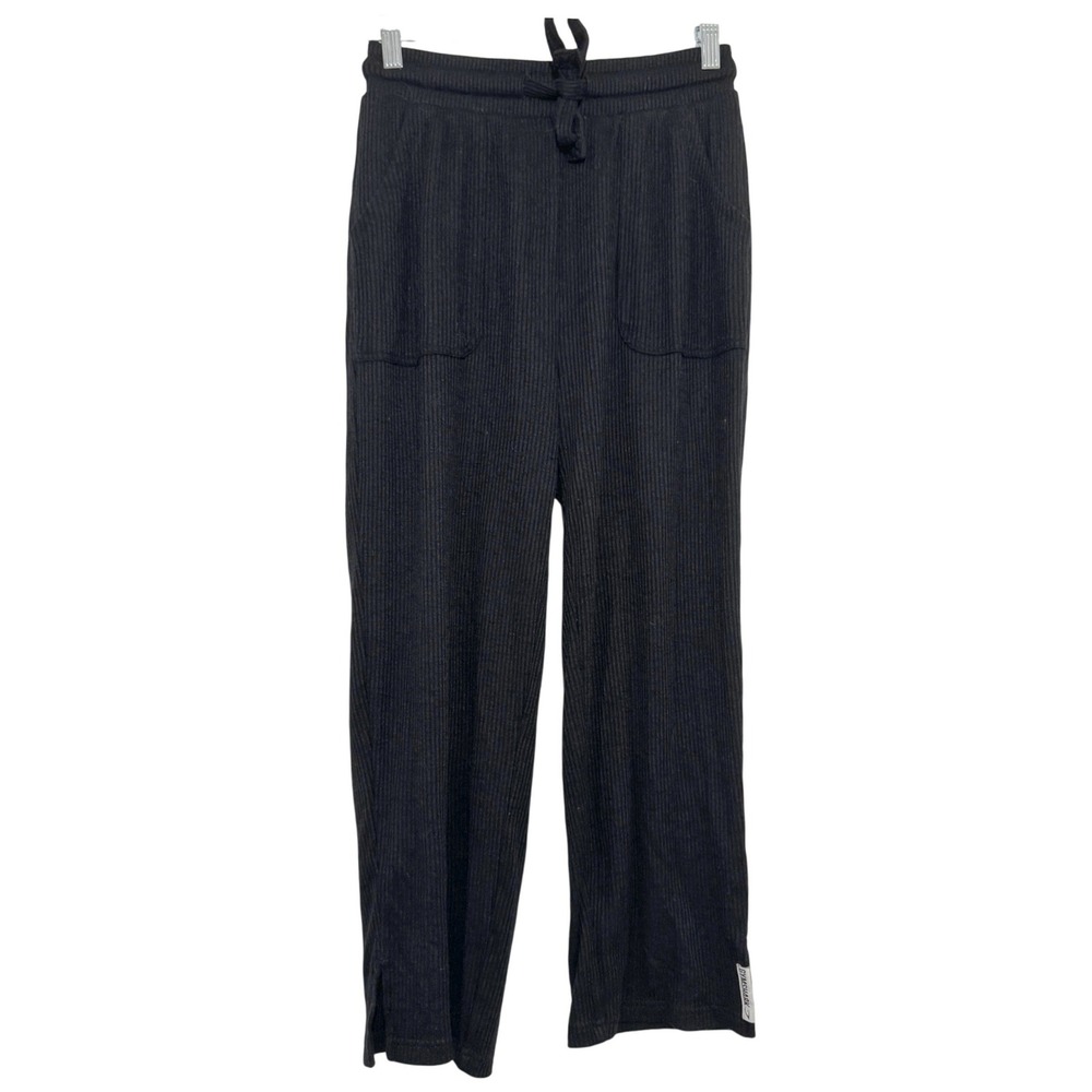 Gymshark Women Ribbed Knit Lounge Pants Black Wide Leg Drawstring Size S Pockets